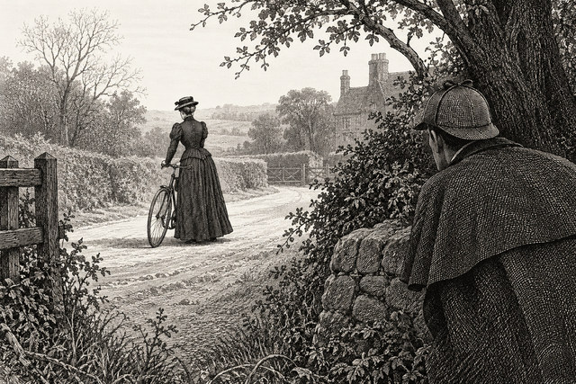 Holmes watches a woman with a bicycle on a quiet country road from behind a wall. AI-generated nineteenth-century engraving-style plate.