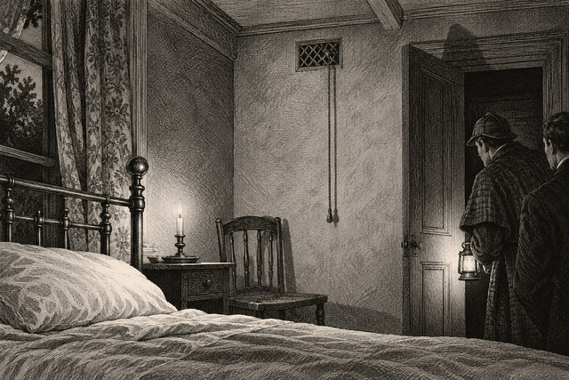 Holmes holds a lamp in a dark bedroom beside a bed and a hanging bell rope. AI-generated nineteenth-century engraving-style plate.