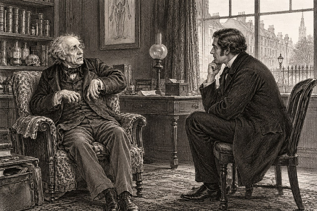 A visitor consults a pocket watch while speaking with Holmes in the sitting room. AI-generated nineteenth-century engraving-style plate.