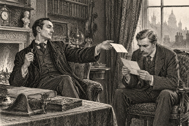 Holmes extends a small card toward Watson as they examine their correspondence. AI-generated nineteenth-century engraving-style plate.