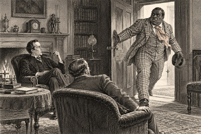 A large man confronts Holmes and Watson from the doorway of the Baker Street room. AI-generated nineteenth-century engraving-style plate.