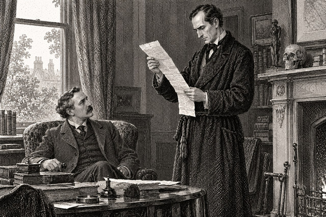 Holmes stands reading a letter beside Watson at the breakfast table. AI-generated nineteenth-century engraving-style plate.