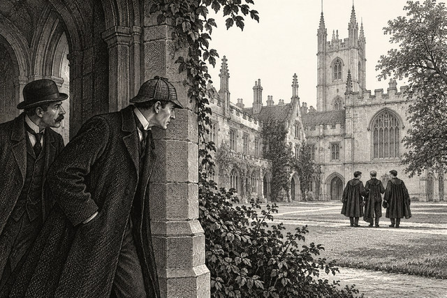 Holmes and Watson watch university scholars in gowns crossing a college courtyard. AI-generated nineteenth-century engraving-style plate.