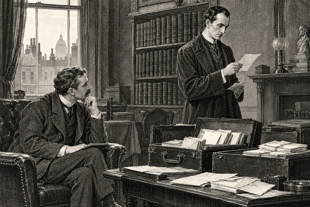 Holmes reads an old case paper from an open document box while Watson waits beside him. AI-generated nineteenth-century engraving-style plate.