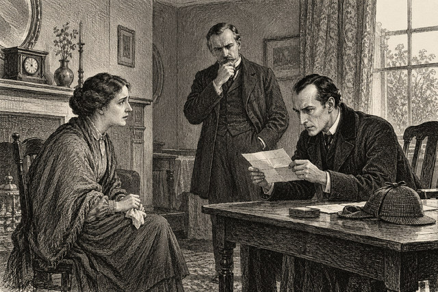 Holmes and Watson examine a letter while a worried woman sits beside their table. AI-generated nineteenth-century engraving-style plate.