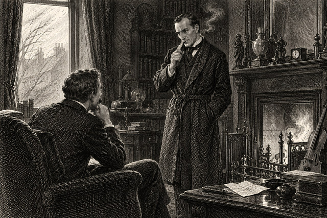 Holmes stands by the fireplace considering a visitor’s account while Watson listens. AI-generated nineteenth-century engraving-style plate.