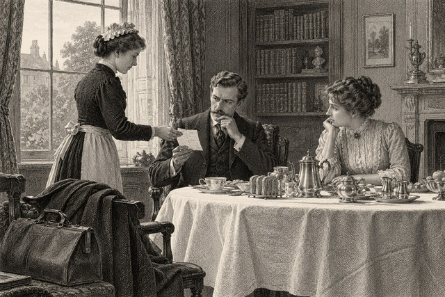 Watson reads a telegram at breakfast with his wife as a maid waits beside the table. AI-generated nineteenth-century engraving-style plate.