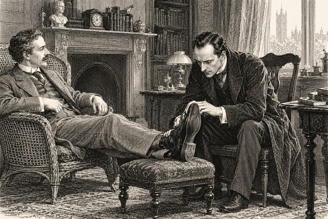 Holmes examines Watson’s boot as Watson reclines beside the fireplace. AI-generated nineteenth-century engraving-style plate.