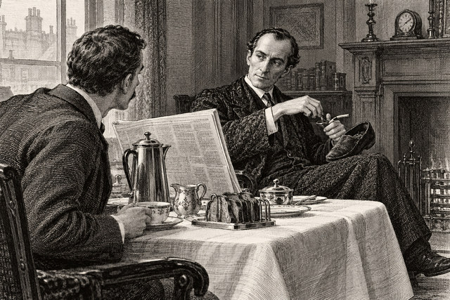 Holmes and Watson discuss a letter across a breakfast table set with a coffee pot and cups. AI-generated nineteenth-century engraving-style plate.