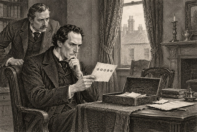 Holmes and Watson study an envelope marked with letters beside an open box. AI-generated nineteenth-century engraving-style plate.