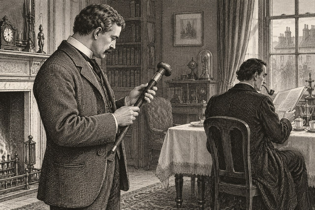 Holmes examines a walking stick while Watson sits at the breakfast table. AI-generated nineteenth-century engraving-style plate.