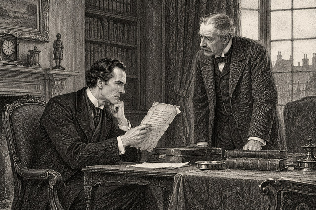 Holmes and Watson study an old manuscript laid on their table. AI-generated nineteenth-century engraving-style plate.