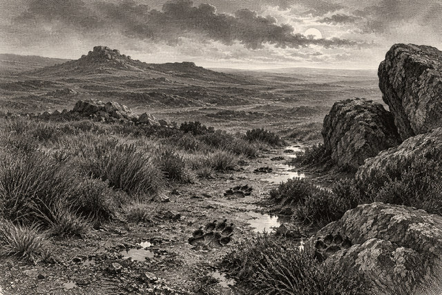 A stony path crosses the desolate moor beneath heavy clouds and a distant rocky tor. AI-generated nineteenth-century engraving-style plate.