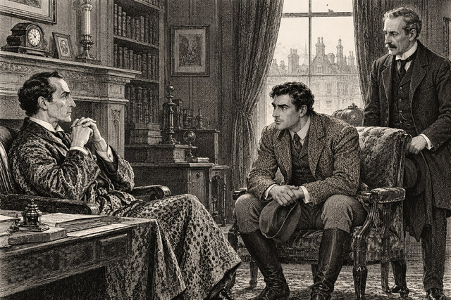 Sir Henry Baskerville consults Holmes and Watson in the Baker Street sitting room. AI-generated nineteenth-century engraving-style plate.