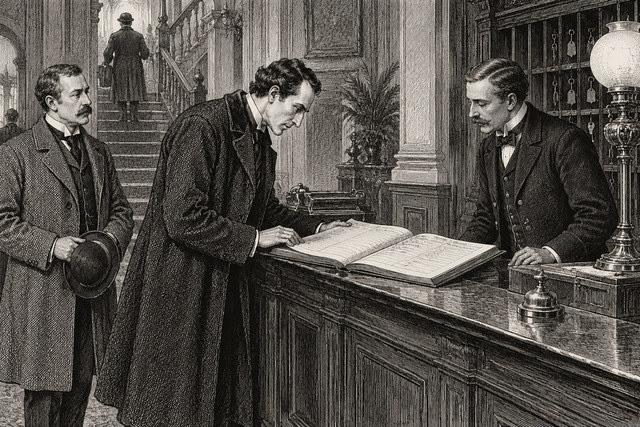 Holmes studies a hotel register at the reception counter while Watson and the clerk watch. AI-generated nineteenth-century engraving-style plate.