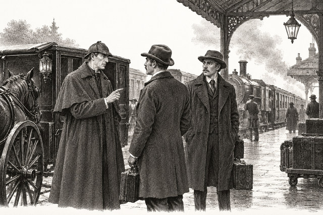 Holmes and Watson speak with Sir Henry beside a railway carriage and a horse-drawn cab. AI-generated nineteenth-century engraving-style plate.