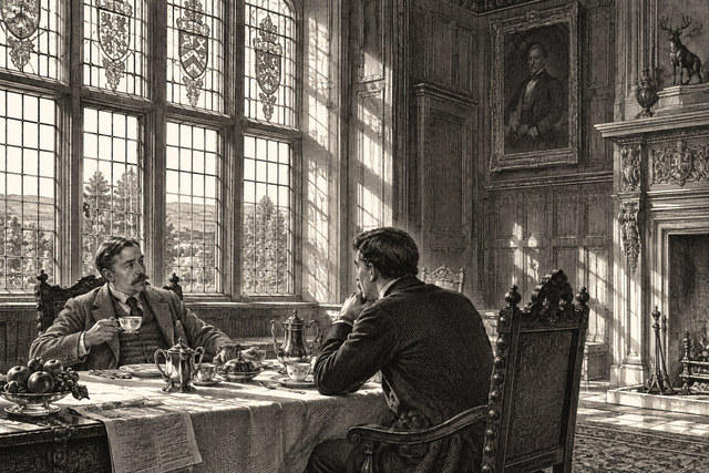 Watson and Sir Henry dine in the great hall beneath the tall mullioned windows of Baskerville Hall. AI-generated nineteenth-century engraving-style plate.