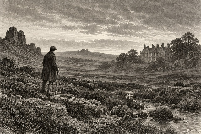 Watson crosses open moorland toward the distant towers of Baskerville Hall. AI-generated nineteenth-century engraving-style plate.