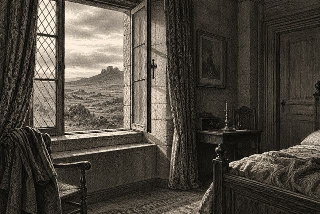 An open bedroom window at Baskerville Hall looks out over the moor. AI-generated nineteenth-century engraving-style plate.