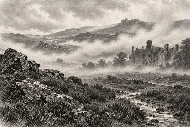 Mist rises over the rocky moor near Baskerville Hall. AI-generated nineteenth-century engraving-style plate.