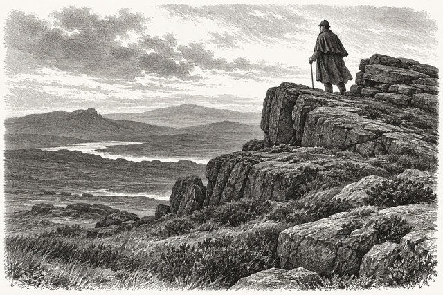 A solitary figure stands on a rocky tor overlooking the moor and a distant lake. AI-generated nineteenth-century engraving-style plate.