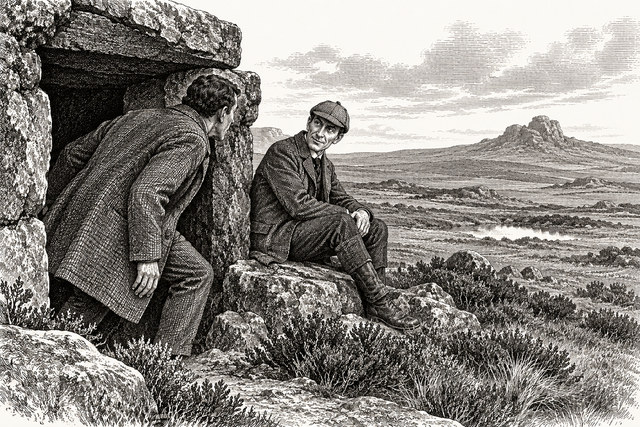 Watson discovers Holmes beside a rough stone shelter overlooking the moor. AI-generated nineteenth-century engraving-style plate.