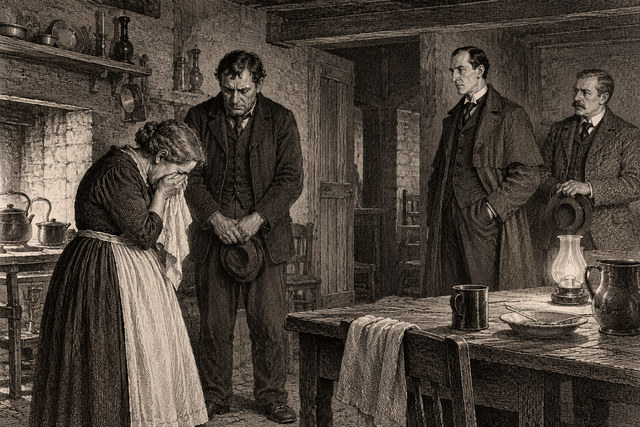 The household gathers by the fireplace at Baskerville Hall to consider the case. AI-generated nineteenth-century engraving-style plate.