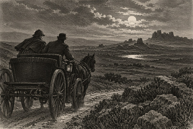 Two men ride in a horse-drawn cart along a darkening moorland road. AI-generated nineteenth-century engraving-style plate.
