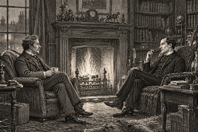 Holmes and Watson review the case beside the fire in Baker Street. AI-generated nineteenth-century engraving-style plate.