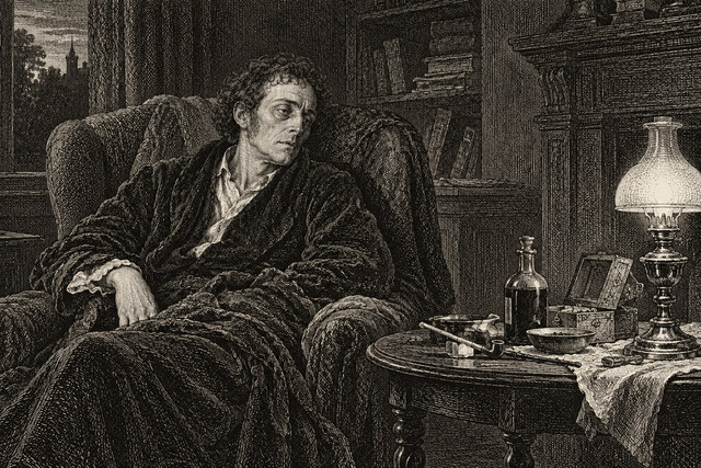 Watson sits in a dressing gown beside a lamp as a woman approaches him with concern. AI-generated nineteenth-century engraving-style plate.