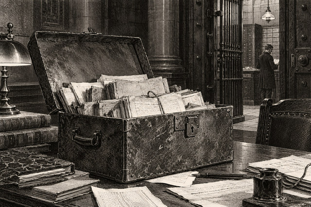 An open dispatch box is filled with bundled case papers in Holmes’s book-lined room. AI-generated nineteenth-century engraving-style plate.