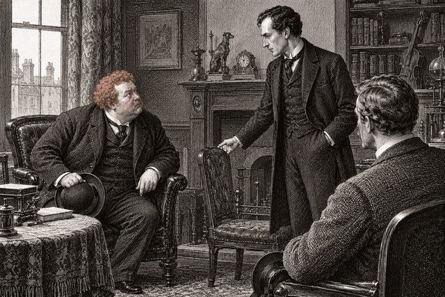 A red-haired visitor speaks with Holmes while Watson watches from a nearby chair. AI-generated nineteenth-century engraving-style plate.