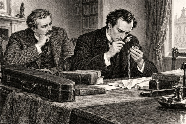 Holmes examines the marks on a pocket watch through a magnifying glass as Watson watches. AI-generated nineteenth-century engraving-style plate.