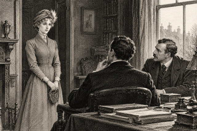 Mary Morstan enters the Baker Street sitting room to consult Holmes and Watson. AI-generated nineteenth-century engraving-style plate.