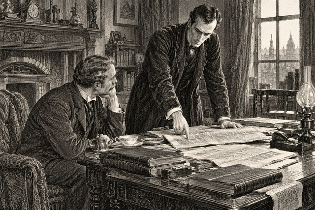 Holmes and Watson study a map and case papers across their worktable. AI-generated nineteenth-century engraving-style plate.