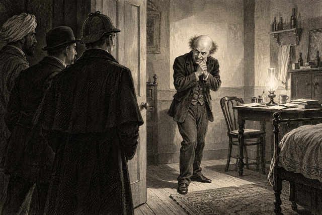 Thaddeus Sholto welcomes Holmes and Watson into a room decorated with Eastern furnishings. AI-generated nineteenth-century engraving-style plate.