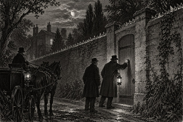 Holmes and Watson wait at a high garden gate beside a horse-drawn cab after dark. AI-generated nineteenth-century engraving-style plate.