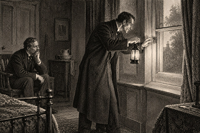 Holmes examines a window frame by lamplight while Watson watches from a chair. AI-generated nineteenth-century engraving-style plate.