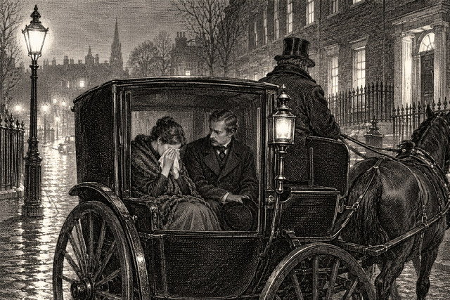 Watson travels through London in a closed horse-drawn cab at night. AI-generated nineteenth-century engraving-style plate.