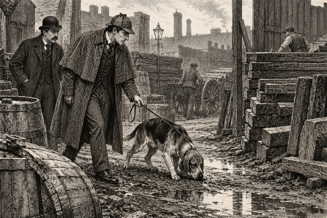 Holmes and Watson follow a tracking dog through a muddy riverside yard. AI-generated nineteenth-century engraving-style plate.