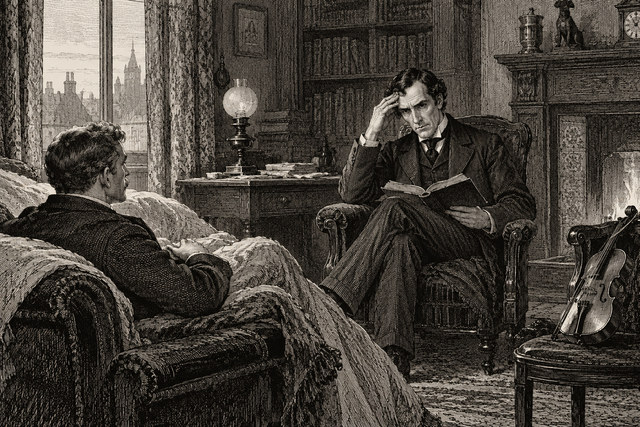 Holmes studies a paper with a worried expression while Watson waits beside him. AI-generated nineteenth-century engraving-style plate.