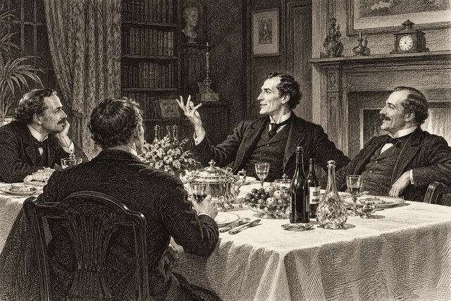 Holmes, Watson and a visitor confer over dinner at a table set with glasses and candles. AI-generated nineteenth-century engraving-style plate.