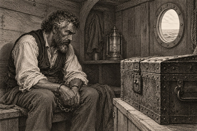 A man sits in a boat cabin beside the locked treasure chest. AI-generated nineteenth-century engraving-style plate.