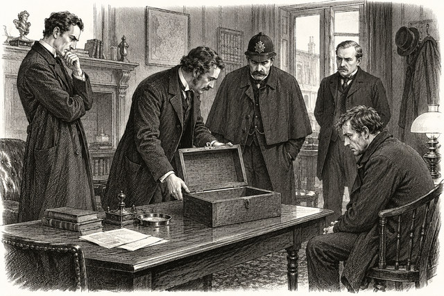The detectives gather around the open treasure chest as the captured Jonathan Small sits nearby. AI-generated nineteenth-century engraving-style plate.