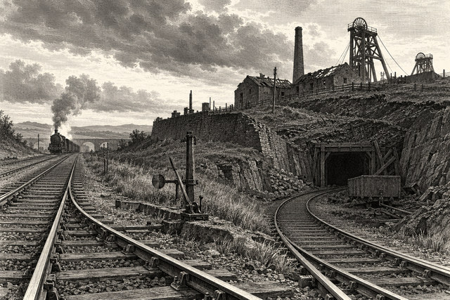 Railway tracks divide beside a deserted Victorian colliery and a dark mine cutting. AI-generated nineteenth-century engraving-style plate.