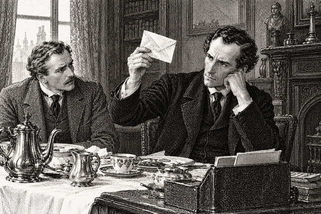 Holmes considers a letter held up before him while Watson sits across the breakfast table. AI-generated nineteenth-century engraving-style plate.