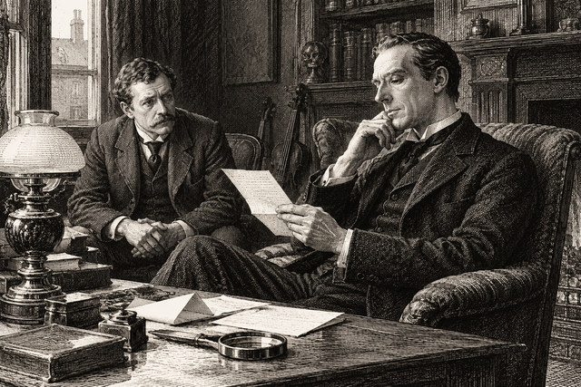 Holmes and Watson discuss the case beside the table in their sitting room. AI-generated nineteenth-century engraving-style plate.