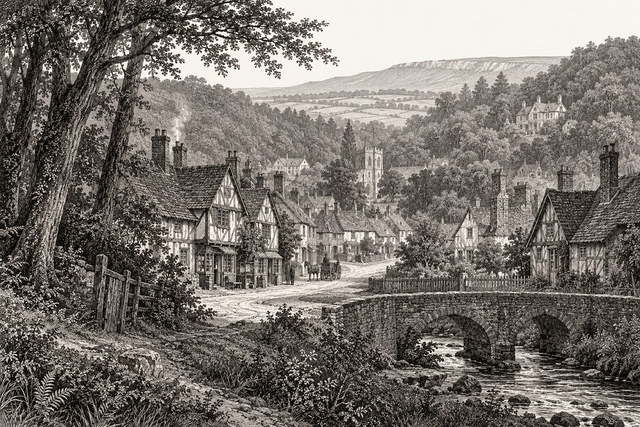 The village and ancient buildings of Birlstone lie beside a stone bridge in a wooded valley. AI-generated nineteenth-century engraving-style plate.