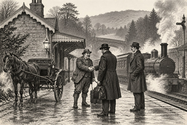 Holmes and Watson meet a local official at a rural railway station beside a waiting carriage. AI-generated nineteenth-century engraving-style plate.