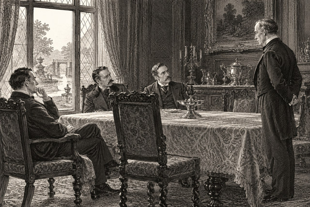 The witnesses gather with the detectives around a table in the Birlstone house. AI-generated nineteenth-century engraving-style plate.